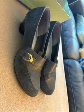 Black Suede & Leather Low Heel Loafers with Gold Accent